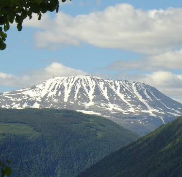 a blue sky and a snow covered mount gausta