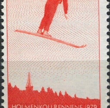 A norwegian stamp with a man on skis in the air