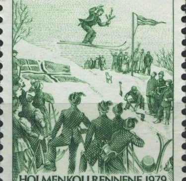 a green norwegian stamp featuring a ski jumping event
