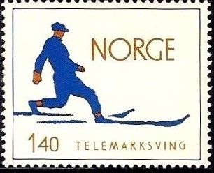 a norwegian stamp with a drawing of a man in blue on skis