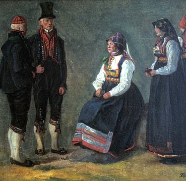 A painting of two men and three women in traditional costume