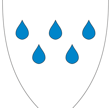 five blue waterdrops on a white field
