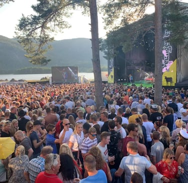A crowd of people standing with a lake in the background-Truengen Festival