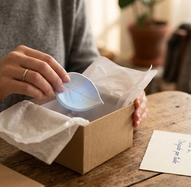 Uma pessoa a retirar de uma caixa de presente de cartão, forrada com papel de seda, um prato de cerâ