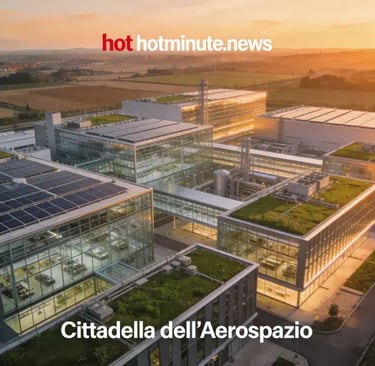 Veduta aerea della Cittadella Aerospazio Forlì 2026 con laboratori moderni e architettura sostenibil