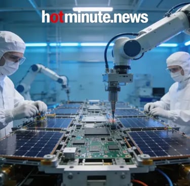 Tecnici specializzati in camera bianca a Forlì lavorano all'assemblaggio di componenti satellitari.