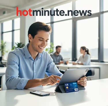 a man sitting at a table with a tablet and a credit card