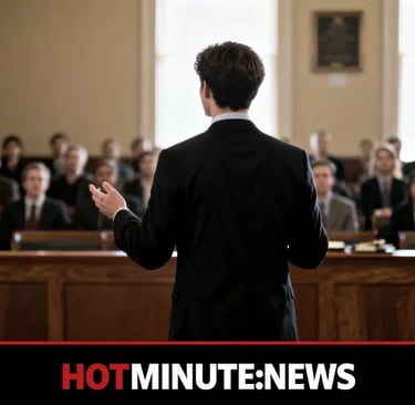 Whistleblowing — Sentenza di Bergamo: avvocato in piedi parla in aula, pubblico attento.