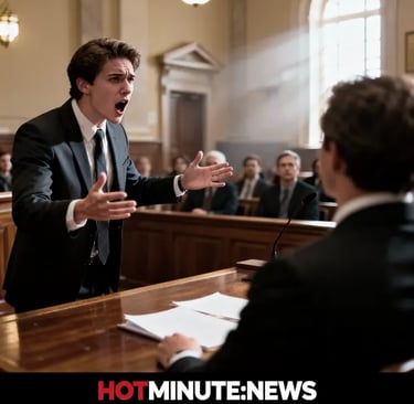 Whistleblowing — Sentenza di Bergamo: giovane avvocato gesticola parlando in aula, momento intenso.