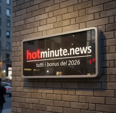  Insegna rettangolare montata su muro in mattoni, con il logo hotminute.news e la scritta “tutti i b