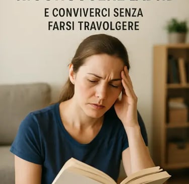 a woman sitting on a couch with a book in front of her