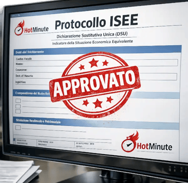 Schermo che mostra il modulo "Protocollo ISEE" (DSU) con timbro rosso APPROVATO.