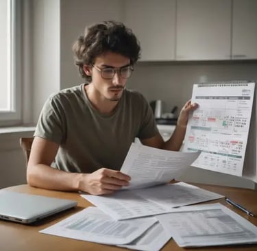 a man sitting at a table with papers and papers