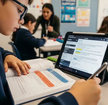 a boy is sitting at a desk with a tablet and a pen