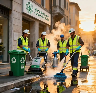 a group of workers in safety vests cleaning a street