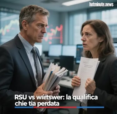 a man and woman in business attire standing in front of a computer screen