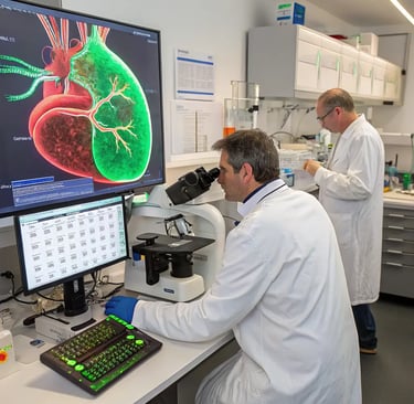immaggine di due ricercatori uno al microscopio e l'altro con delle provette con un cuore in uno sce