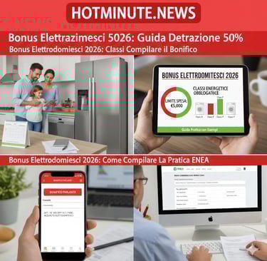 Guida visiva al Bonus Elettrodomestici 2026: collage informativo con banner rosso e logo HOTMINUTE.N