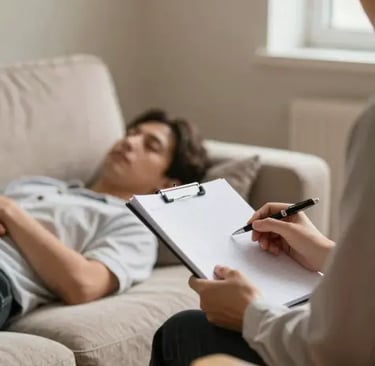 Seduta psicologica su divano beige per il Bonus Psicologo 2026, con logo HotMinuta.News visibile.