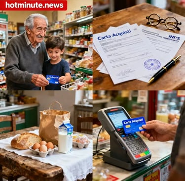 Carta Acquisti 2026: collage che mostra una famiglia con la carta, documenti dei benefici, una borsa