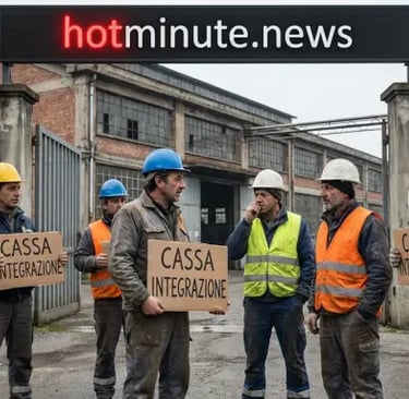 Sei operai con caschi e gilet riflettenti davanti a un edificio industriale, con cartelli che richia