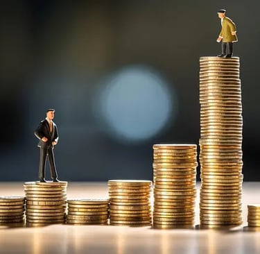 a group of miniature people standing on top of a stack of coins