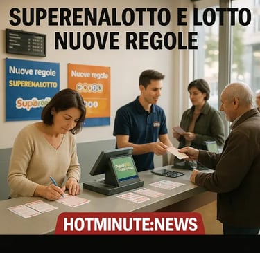 Superenalotto e Lotto — Nuove Regole 2026: ricevitoria italiana con clienti al banco che compilano e