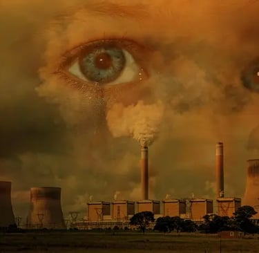 ciminiere che immettono colonne di fumo nel cielo con gli occhi di un bambino sopra sfumati