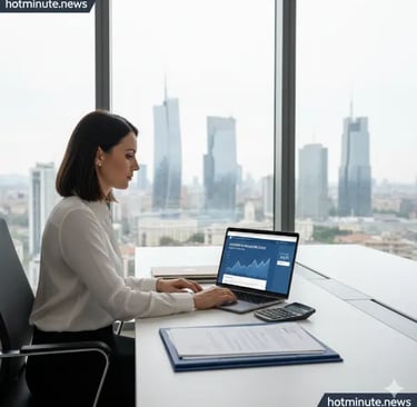 a woman sitting at a desk with a laptop and a laptop