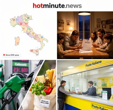 Collage informativo su mappa, famiglia, spesa e ufficio postale per la Carta Dedicata a Te 2026