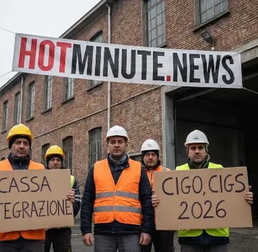 Gruppo di operai davanti a un edificio con caschi e gilet ad alta visibilità, in un contesto che ric