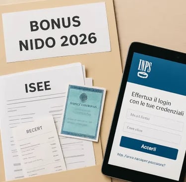 Bonus asilo 2026: cartella “BONUS NIDO 2026” con documento INPS, carta d’identità e smartphone apert