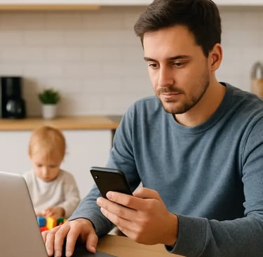 Bonus asilo 2026: genitore seduto al tavolo con smartphone e laptop, mentre un bambino gioca sullo s