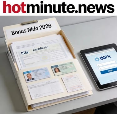 Bonus asilo 2026: cartella “Guest Info 2026” con documenti e moduli su una scrivania accanto a un ta