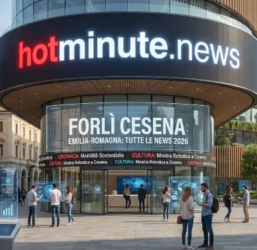 Maxi schermo urbano con notizie in evidenza, simbolo dell’hub informativo di Forlì‑Cesena e dell’Emi