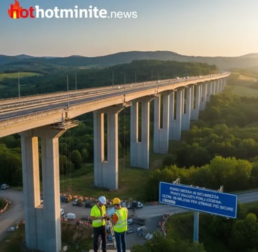 Operai in cantiere vicino a un grande viadotto durante gli interventi di messa in sicurezza dei pont