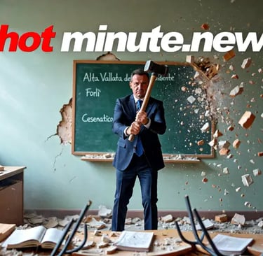 Uomo in aula scolastica mentre un muro esplode: metafora visiva dei tagli governativi alla scuola pu