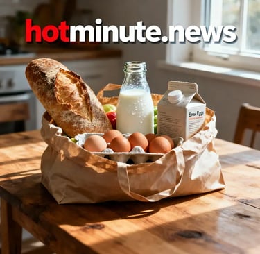 Carta Acquisti 2026: busta della spesa su tavolo in legno contenente pane, bottiglia di latte, uova 