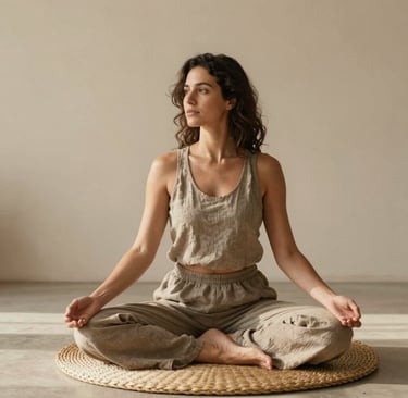 Elegant portrait of a female yoga teacher in a minimalist studio setting in Valencia. She wears natural linen attire in taupe tones, sitting gracefully on a woven mat with warm soft sunlight illuminating the serene scene, Japanese Scandinavian aesthetic with champagne and warm ivory wall backdrops.