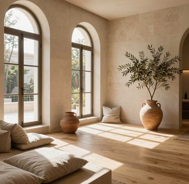 Serene boutique wellness studio interior in Valencia with natural light streaming through high arched windows, warm light wood flooring, smooth limestone walls in warm ivory, minimalist linen cushions, organic clay pottery with dry olive branches, soft gentle shadows, peaceful atmosphere of quiet luxury, Spanish Mediterranean interior architecture.