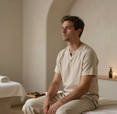Professional portrait of a male instructor sitting in a minimalist spa-like wellness sanctuary in Valencia, wearing neutral beige attire. Soft natural light, smooth plaster walls in warm silver and ivory, muted Scandinavian design elements, calm atmosphere.