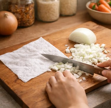 Chopping onion with a damp paper towel to prevent crying.