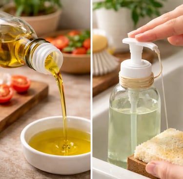 Sustainable kitchen hacks for oil bottles and soap pumps.