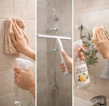 3-step bathroom cleaning: wiping tiles, squeegee, and mirror polishing.