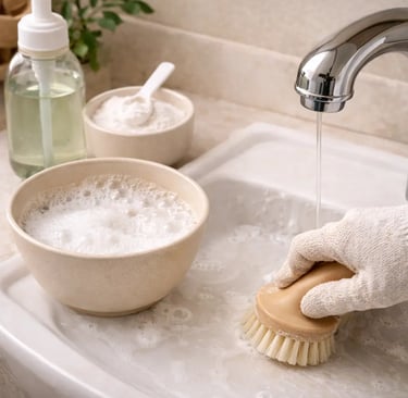 Scrubbing sink with DIY oxygen bleach and dish soap cleaner.