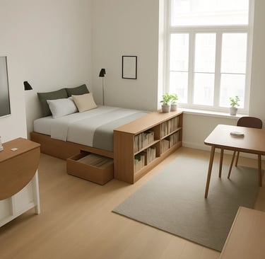 Cozy small studio apartment layout with warm lighting and space-saving furniture ideas.