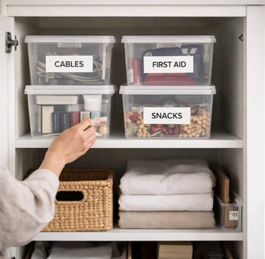 Clear labeled storage bins showing visible storage solutions for an organized home
