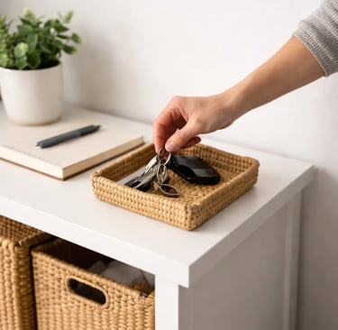 Placing keys into a basket as part of a one-touch home organization habit