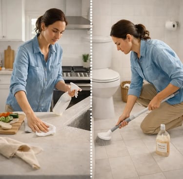 Kitchen cleaned before bathroom to prevent cross-contamination, showing safe cleaning order with nat