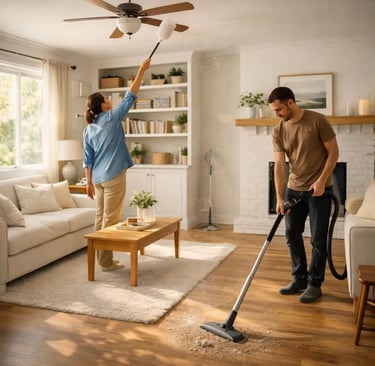 Living room being cleaned using the top-to-bottom method, with dusting from ceiling fans and shelves